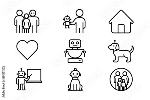 Family and Robot Icons. Outline icon set of family and robots: parents with robot, child with toy robot, home