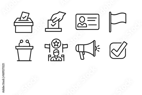 Election Icon Set. Outline icon set of elections and democracy: ballot box, voting hand, ID card, flag, debate