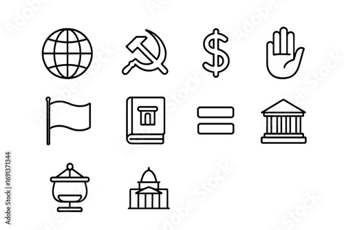 Political Ideology Icons. Outline icon set of political ideologies: globe, socialism symbol, capitalism icon,