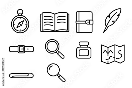 Explorers' Journal Icons. Outline icon set of explorers’ journals: compass, open journal, tied notebook, quill