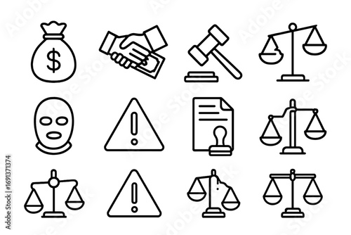 Corruption Icon Set. Outline icon set of corruption in politics: money bag, handshake with cash, gavel, broken