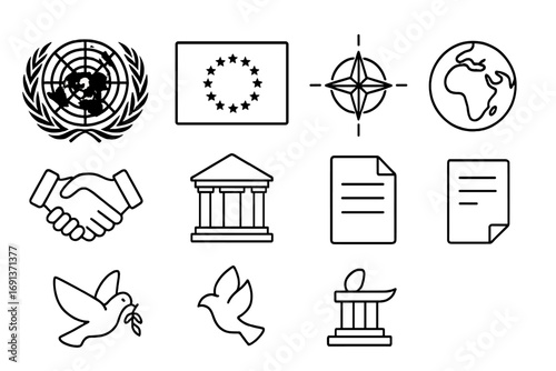 International Organizations Icons. Outline icon set of international organizations: UN emblem, EU flag, NATO