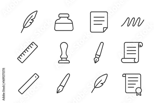 Calligraphy Icon Set. Outline icon set of calligraphy and writing: quill, ink pot, parchment sheet,