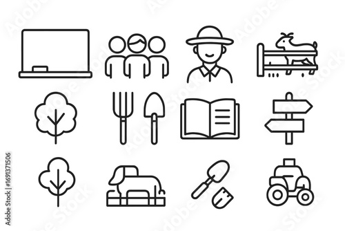 Educational Farm Icons. Outline icon set of educational farm tours: blackboard, children group, guide with hat