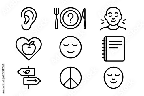 Intuitive Eating Icons. Outline icon set of intuitive eating: listening ear, question mark plate, mindful