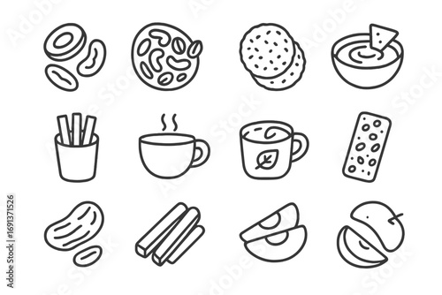 Mindful Snacking Icons. Outline icon set of mindful snacking: dried fruits, nuts mix, rice cakes, hummus dip,