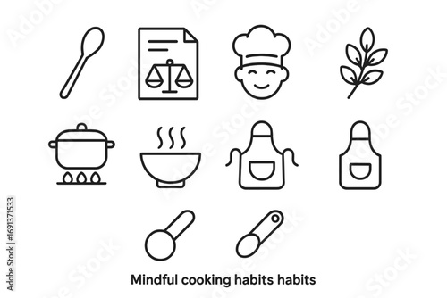Mindful Cooking Icons. Outline icon set of mindful cooking habits: stir spoon, balanced recipe, smiling chef,