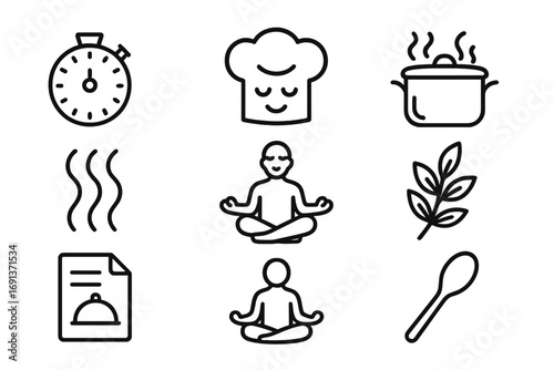 Stress-Free Cooking Icons. Outline icon set of stress-free cooking: kitchen timer, calm chef hat, cooking pot,