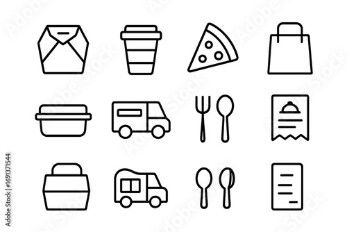 Food Pickup Icons. Outline icon set of food pickup errands: takeout box, coffee cup, pizza slice, paper bag,