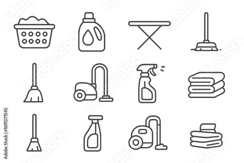 Household Chores Icons. Outline icon set of household errands: laundry basket, detergent bottle, ironing board