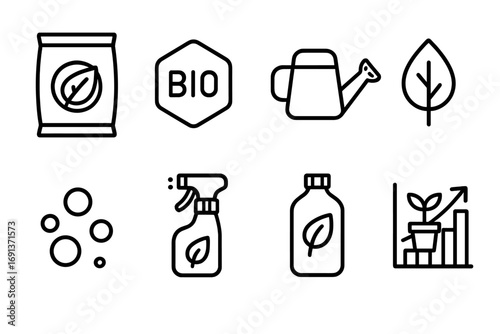 Organic Fertilizer Icons. Outline icon set of innovative organic fertilizers: compost bag, bio-label, watering