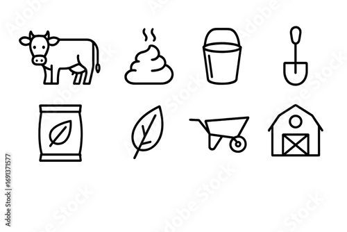 Manure Fertilizer Icons. Outline icon set of manure-based fertilizers: cow, manure pile, bucket, shovel, bag