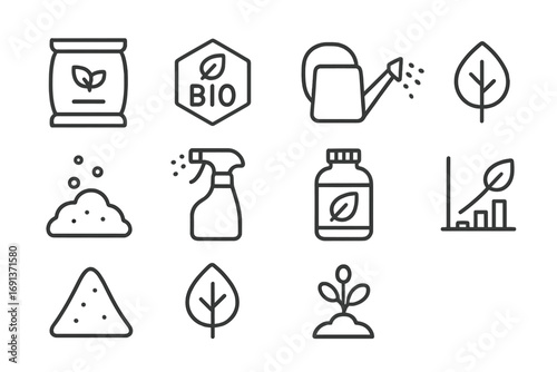 Organic Fertilizer Icons. Outline icon set of innovative organic fertilizers: compost bag, bio-label, watering