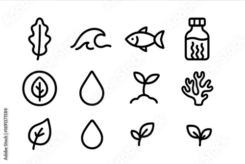 Seaweed Fertilizer Icons. Outline icon set of seaweed-based fertilizers: seaweed leaf, ocean wave, fish symbol