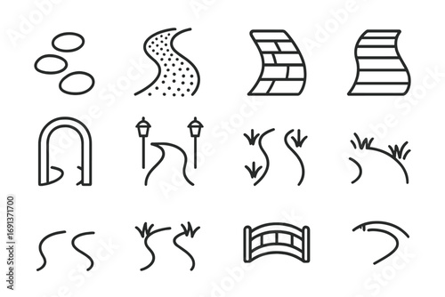 Garden Pathway Icons. Outline icon set of garden pathways: stepping stones, gravel path, stone bricks, wooden