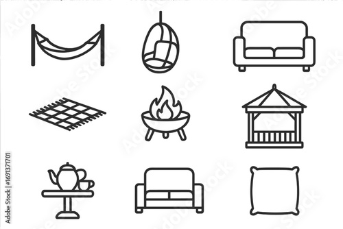 Outdoor Relaxation Icons. Outline icon set of outdoor relaxation: hammock, swing chair, garden sofa, picnic