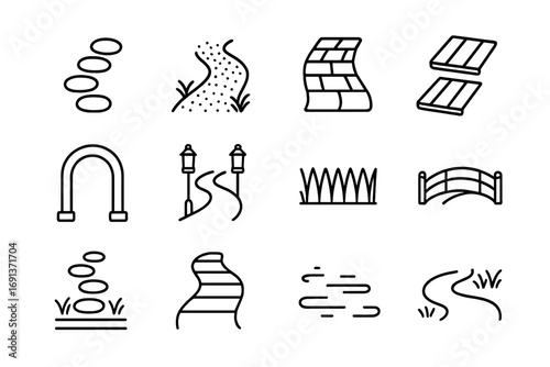 Garden Pathway Icons. Outline icon set of garden pathways: stepping stones, gravel path, stone bricks, wooden