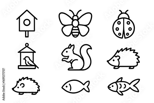 Garden Wildlife Icons. Outline icon set of garden wildlife: birdhouse, butterfly, bee, ladybug, bird feeder,