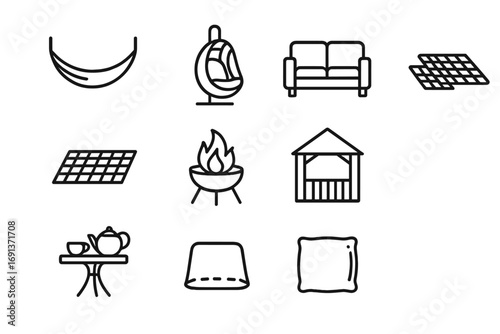 Outdoor Relaxation Icons. Outline icon set of outdoor relaxation: hammock, swing chair, garden sofa, picnic