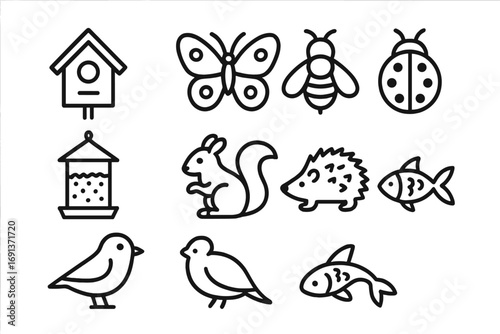 Garden Wildlife Icons. Outline icon set of garden wildlife: birdhouse, butterfly, bee, ladybug, bird feeder,