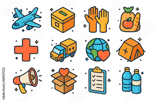 Humanitarian Aid Icons. Colorful isometric vector icons set of humanitarian aid: cargo plane, donation box, volunteer hands, food