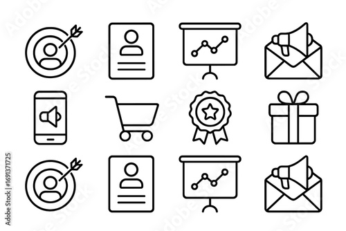Personalized Marketing Icons. Outline icon set of personalized marketing: target audience, customer profile,