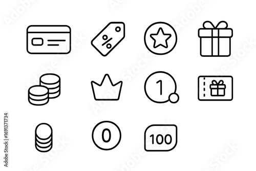 Loyalty Program Icons. Outline icon set of loyalty programs: membership card, discount tag, star badge, gift