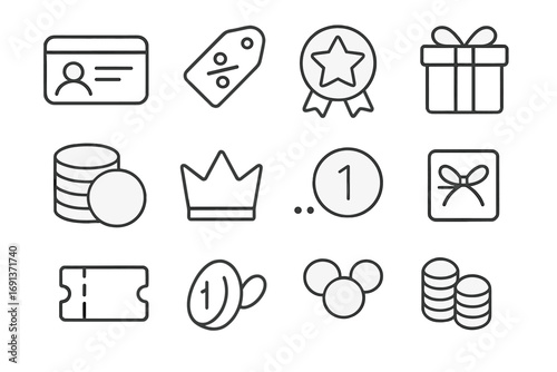 Loyalty Program Icons. Outline icon set of loyalty programs: membership card, discount tag, star badge, gift