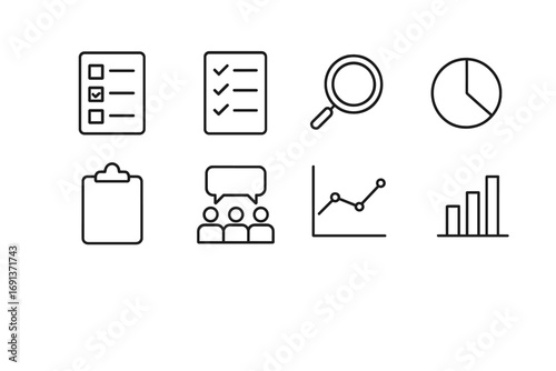 Market Research Icons. Outline icon set of market research: survey form, checklist, magnifying glass, pie
