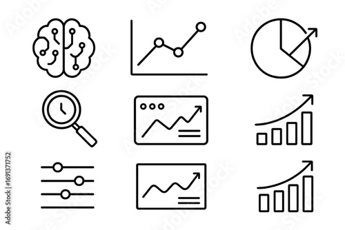 Predictive Analytics Icons. Outline icon set of predictive analytics in marketing: AI brain, graph line, pie