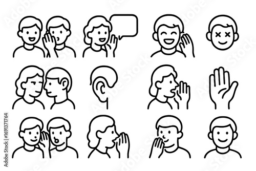 Whispering Secrets Icons. Outline icon set of sharing secrets: two friends, whispering, laughing, speech