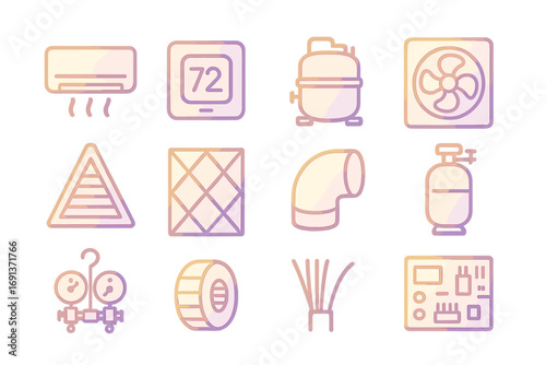 HVAC Essentials Icons. Gradient icons set of HVAC repair essentials: air conditioner unit, thermostat, compressor, condenser fan,