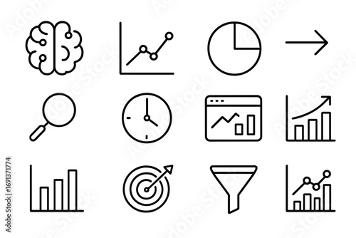 Predictive Analytics Icons. Outline icon set of predictive analytics in marketing: AI brain, graph line, pie