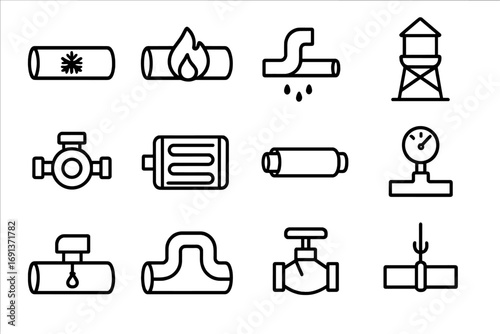 HVAC Plumbing Icons. Outline icon set of HVAC and plumbing integration: chilled water pipe, hot water pipe, condensate drain,