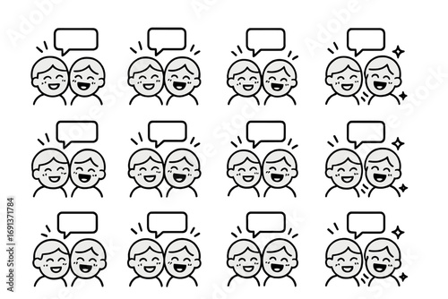 Giggling Friends Icons. Outline icon set of giggling friends: two faces, laughter lines, closed eyes smile,