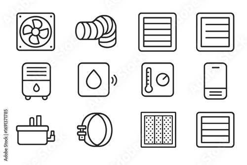 HVAC Icon Grid. Outline icon set of ventilation and HVAC touches: exhaust fan, vent duct, wall louver, air grille, dehumidifier,