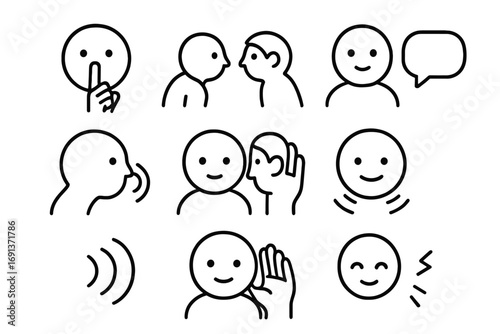 Secret Share Icons. Outline icon set of secret sharing: finger on lips, leaning closer, eye contact, speech