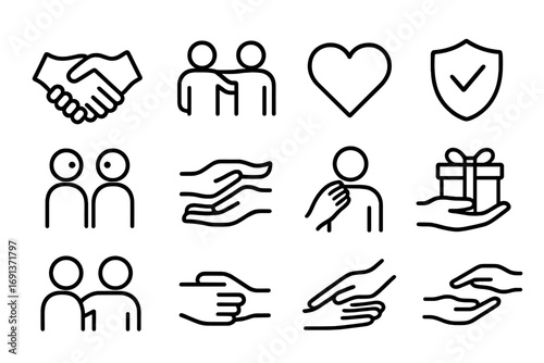 Trust Friendship Icons. Outline icon set of trust and friendship: handshake, linked arms, heart symbol, trust