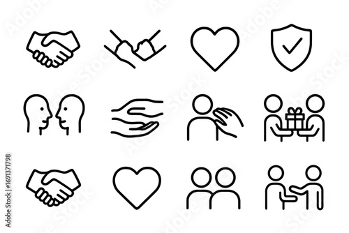 Trust Friendship Icons. Outline icon set of trust and friendship: handshake, linked arms, heart symbol, trust
