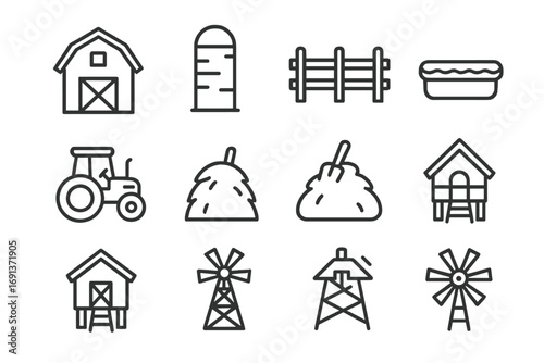 Farmyard Icons Set. Outline icon set of farmyard scenes: barn, silo, fence, tractor, haystack, water trough,