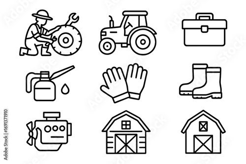 Farm Repair Icons. Outline icon set of a farmhand fixing a tractor on the farmyard: wrench, tractor, toolbox,