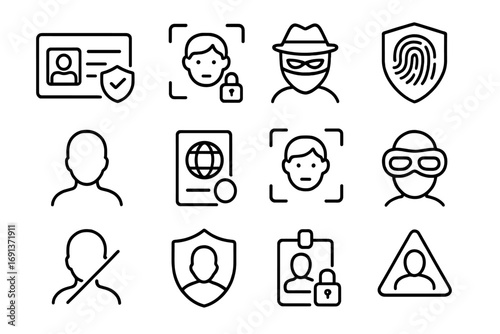 Identity Protection Icons. Outline icon set of identity protection: ID card shield, face recognition lock, masked avatar,