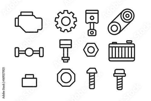 Mechanical Parts Icons. Outline icon set of mechanical parts: engine, gear, piston, belt, axle, bolt, nut,