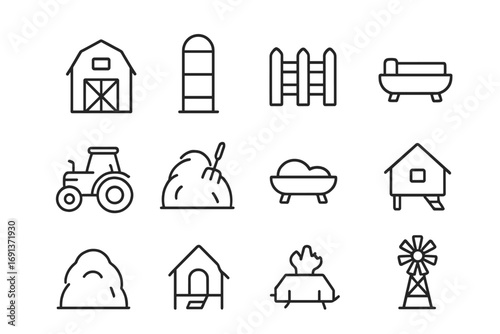 Farmyard Icons Set. Outline icon set of farmyard scenes: barn, silo, fence, tractor, haystack, water trough,