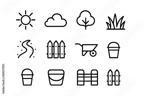 Outdoor Work Icons. Outline icon set of outdoor work environment: sun, clouds, tree, grass, dirt path, fence,