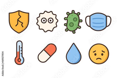 Immune System Icons. Flat vector mini-illustrations Immune suppression in colors children's illustrations: cracked shield, white