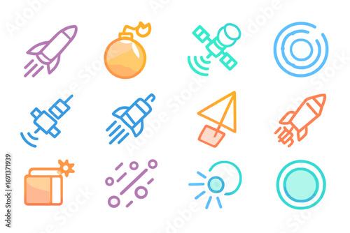 Impact Mitigation Icons. Gradient icons set of impact mitigation strategies: kinetic impactor, nuclear device, gravity tractor,