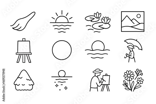 Impressionist Icon Set. Outline icon set of impressionism: soft brushstroke, sunrise scene, water lilies, landscape, open-air