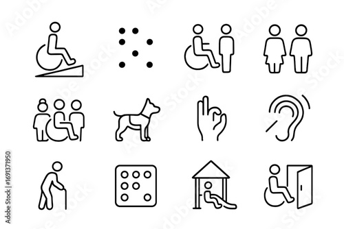 Inclusive Community Icons. Outline icon set of inclusive community spaces: wheelchair ramp, Braille sign, accessible restroom,