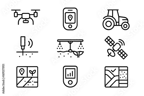 Precision Farming Icons. Outline icon set of precision farming: drone, GPS device, tractor, soil sensor,